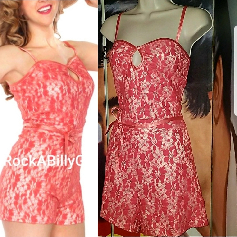 Tatyana Isabella Retro 50's Pink Keyhole Pinup Romper Shorts Floral Lace & Lined